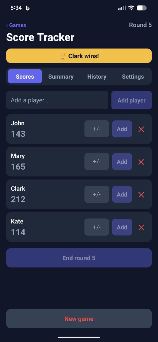 Scoring screen with four players and a winner banner